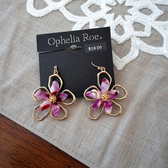 Ophelia Roe, NWT, Variegated Flower & Gold Dangle Earrings - Picture 6 of 7